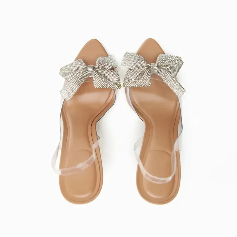 Luxury Rhinestone Bow Transparent Slingback Sandals - Elegant Pointed Toe High Heels for Bridal Weddings - VougeVampUK