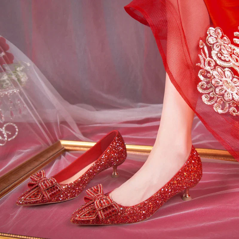VougeVamp Handmade Crystal Bow Bridal Pumps – Glitter High Heels for Weddings & Parties