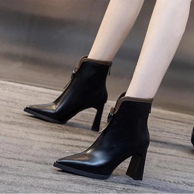 VougeVamp Leather High-Heeled Ankle Boots – Pointed Toe Winter Booties with Back Zip - VougeVampUK