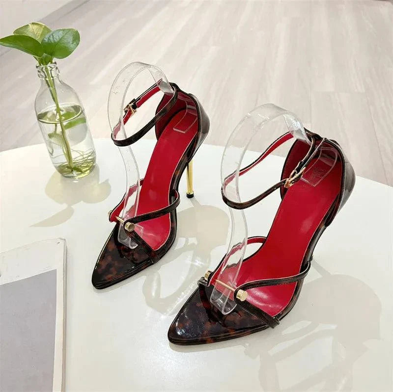 VougeVamp Gold Silver Ankle Cover Strap Sandals - Pointed Open Toe High Heel Party Shoes for Women