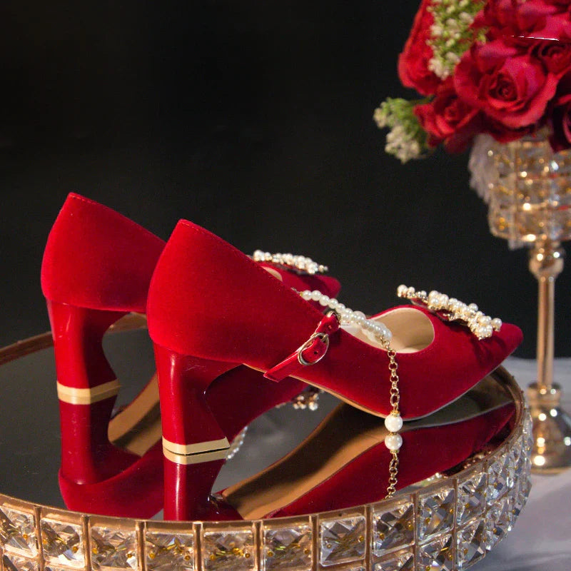 Women's Suede Pointed Toe High Heels – Elegant Embroidered Bridal & Banquet Pumps with Metal Detail