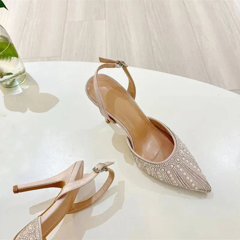 VougeVamp Women’s Crystal Pearl Pointed Toe Pumps – Elegant Slingback Heels for Weddings and Parties