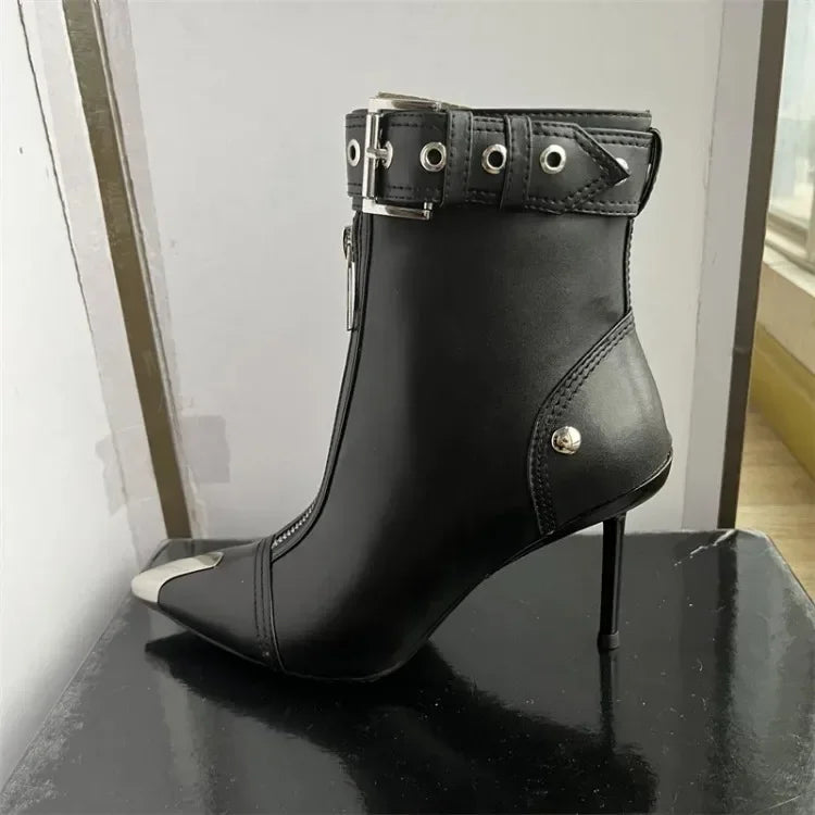 Handmade Women's Red High-Heeled Ankle Boots with Belt Buckle, Front Zipper, Pointed Toe, and Metallic Accent - VougeVampUK
