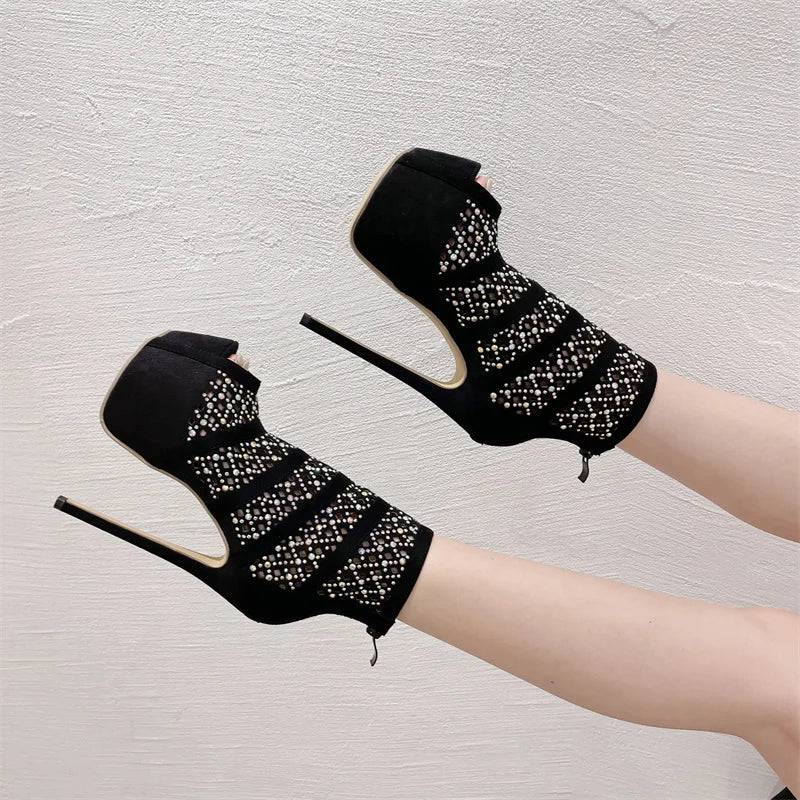 VougeVamp Rhinestone Mesh Ankle Boots - Peep Toe Platform High Heel Booties for Women