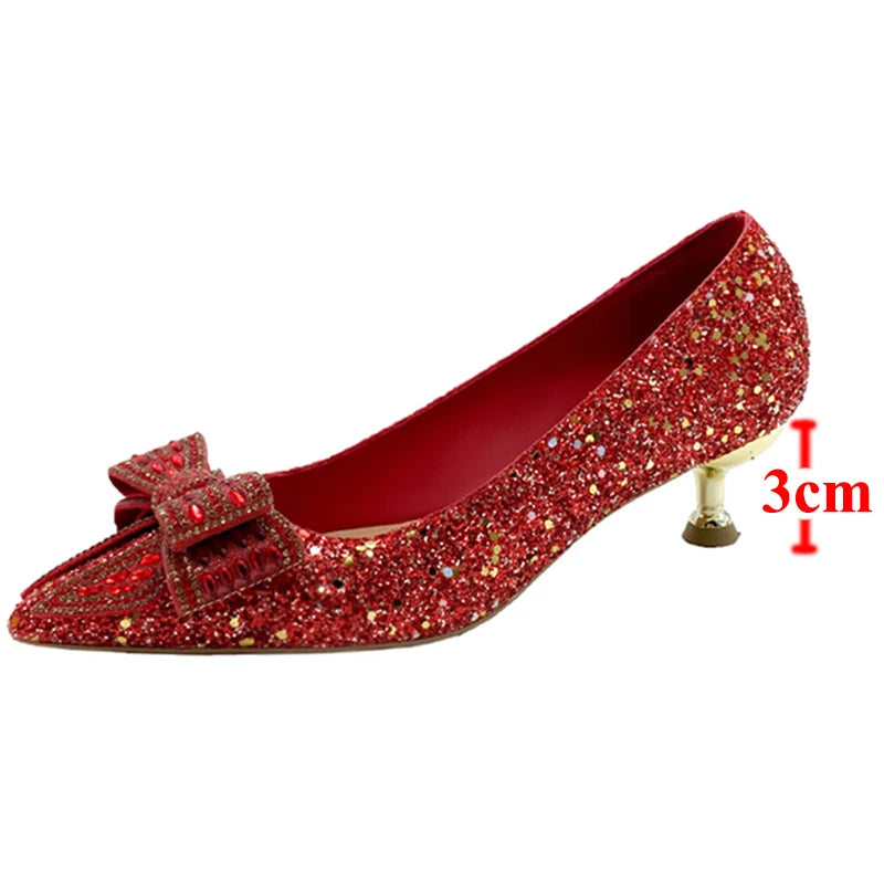 VougeVamp Handmade Crystal Bow Bridal Pumps – Glitter High Heels for Weddings & Parties