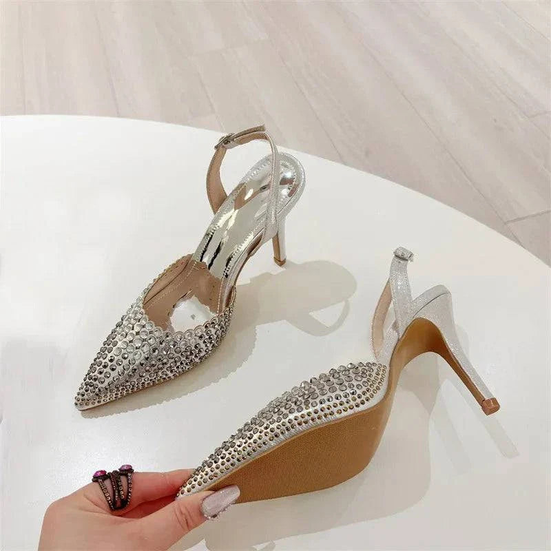 VougeVamp Black Crystal Rhinestone Slingback Pumps - Pointed Toe High Heel Party Shoes for Women