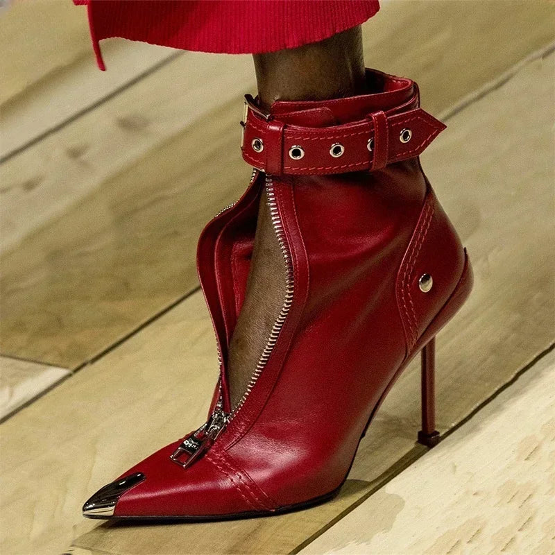 Handmade Women's Red High-Heeled Ankle Boots with Belt Buckle, Front Zipper, Pointed Toe, and Metallic Accent - VougeVampUK