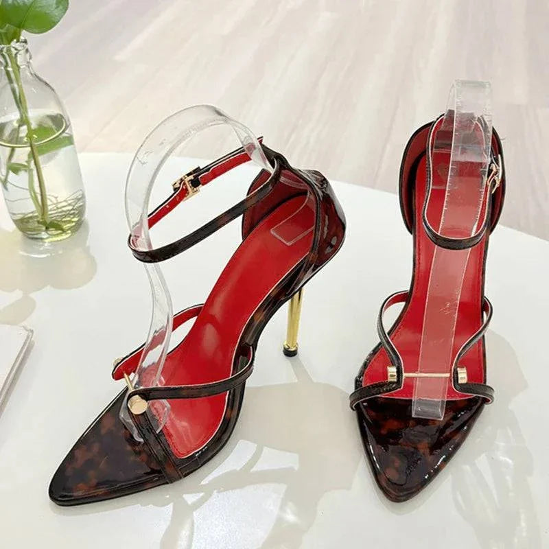 VougeVamp Gold Silver Ankle Cover Strap Sandals - Pointed Open Toe High Heel Party Shoes for Women