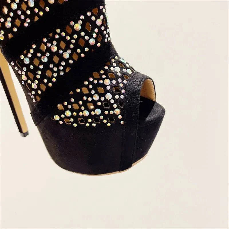 VougeVamp Rhinestone Mesh Ankle Boots - Peep Toe Platform High Heel Booties for Women