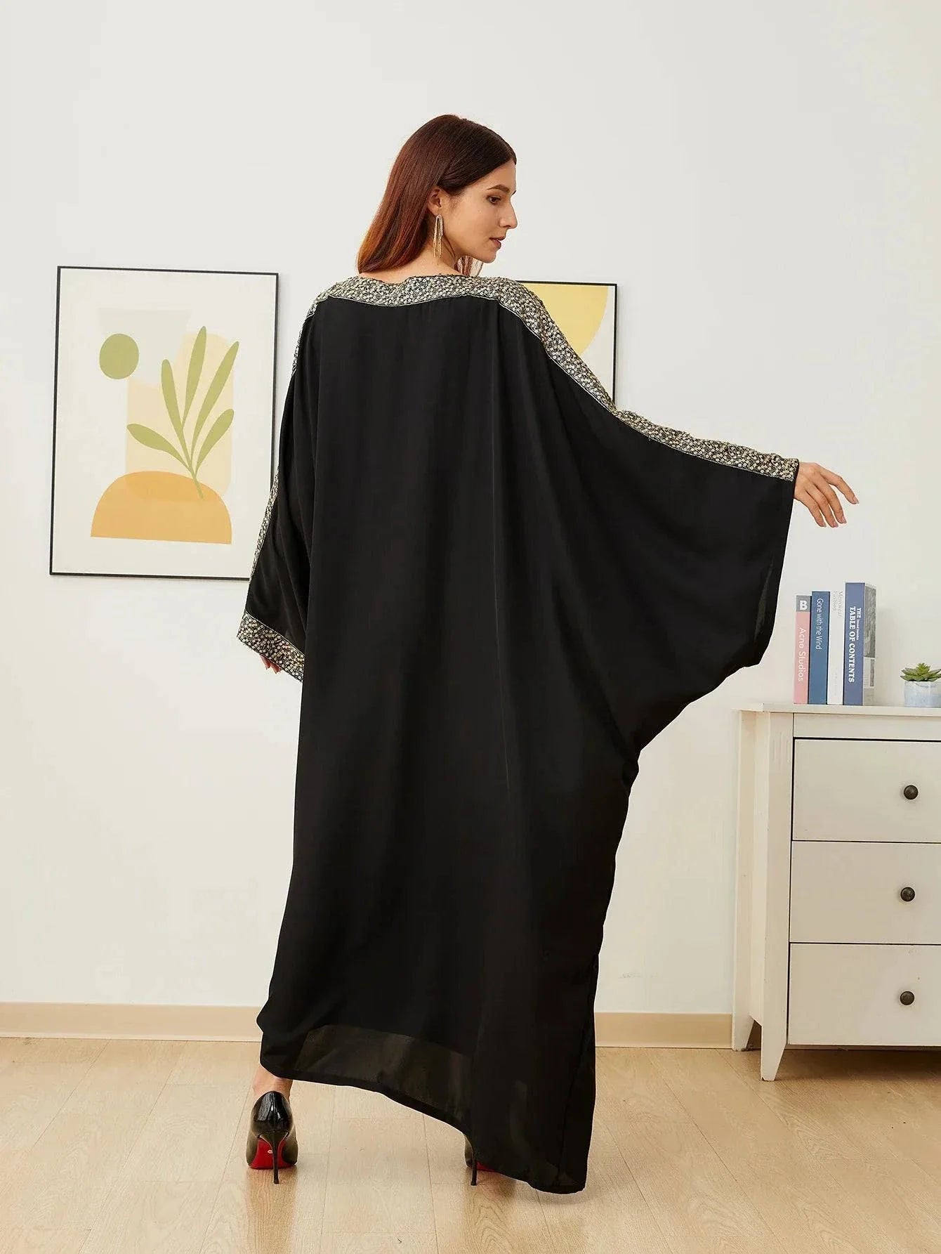 VougeVamp Ultra Black Nida Abaya Muslim Party Dress - Women’s Long Loose Kaftan Dubai Islamic Robe - VougeVampUK