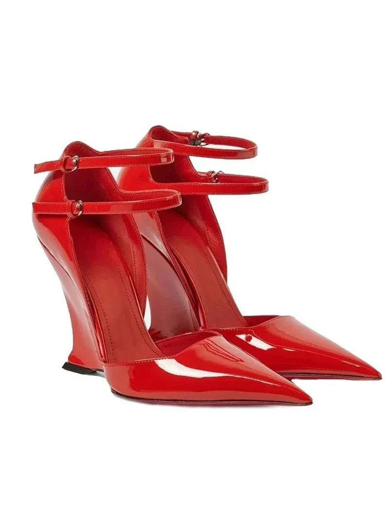 VougeVamp Red Patent Leather Wedge Pumps - Pointed Toe Double Buckle Party Shoes for Women