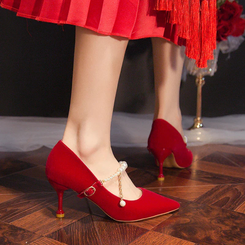 Women's Suede Pointed Toe High Heels – Elegant Embroidered Bridal & Banquet Pumps with Metal Detail