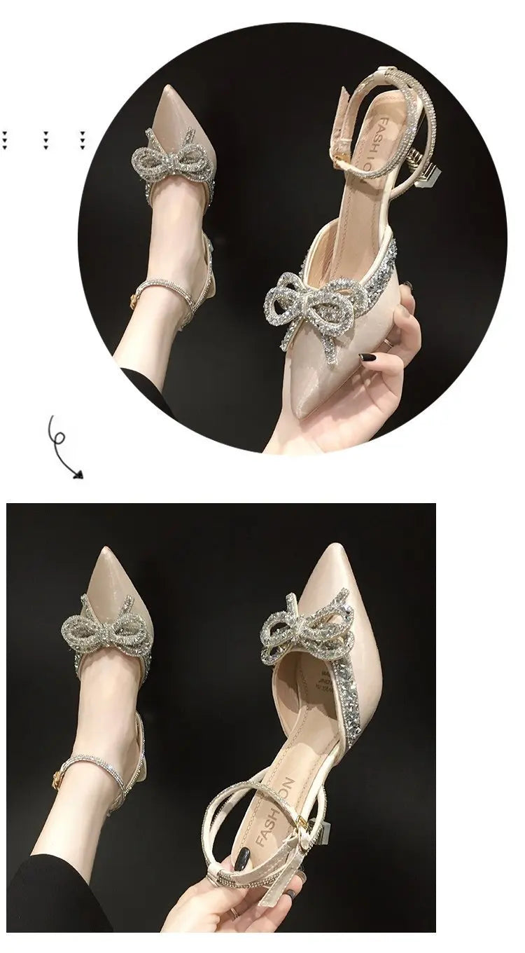 VougeVamp Women's Crystal Bow High Heels – Elegant Fairy-Inspired Sandals for Weddings & Special Occasions