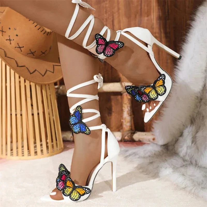 VougeVamp Embroidered Butterfly Ankle Strap Sandals - Pointed Toe High Heel Party Shoes for Women