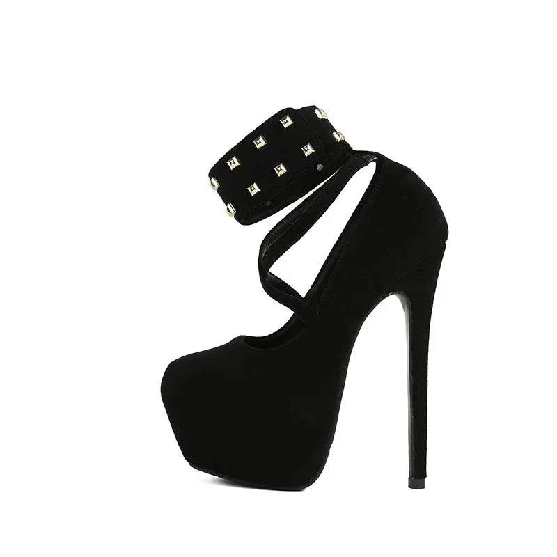 VougeVamp Women’s Metal Rivet Ankle Hook Strap Platform Pumps – Solid Black Round Toe High Heels
