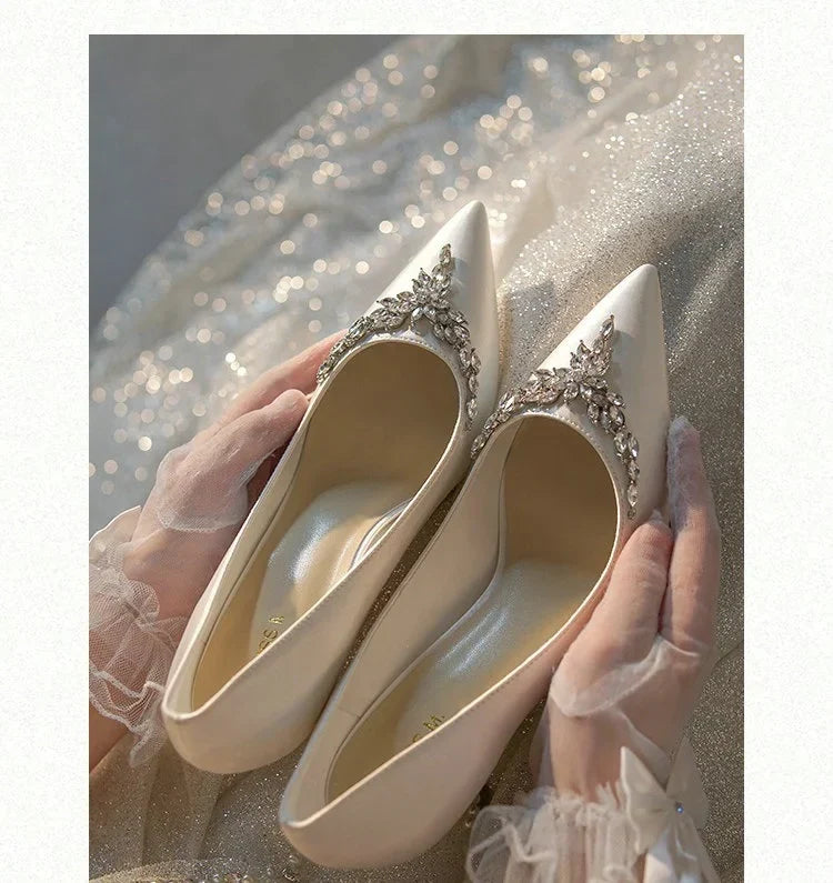 VougeVamp White Silk Satin Bridal Heels – Rhinestone Crystal Stiletto Pumps for Weddings