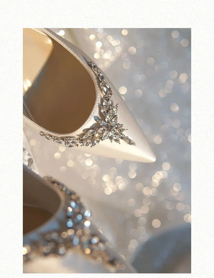 VougeVamp White Silk Satin Bridal Heels – Rhinestone Crystal Stiletto Pumps for Weddings