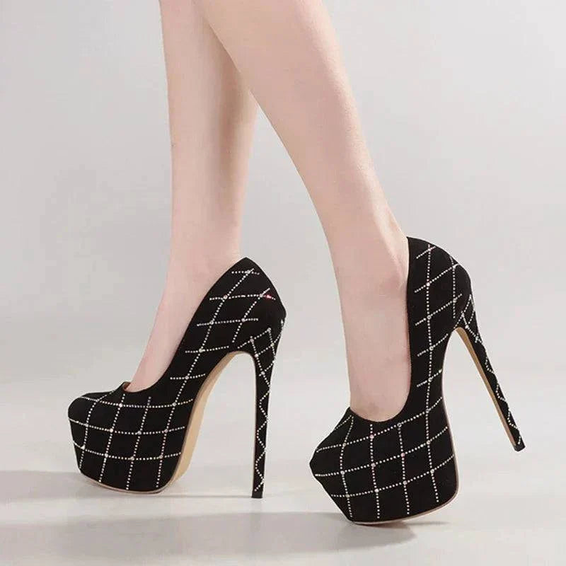 VougeVamp Women’s Catwalk Super High Heels – Crystal Rhinestone Platform Pumps for Parties and Banquets