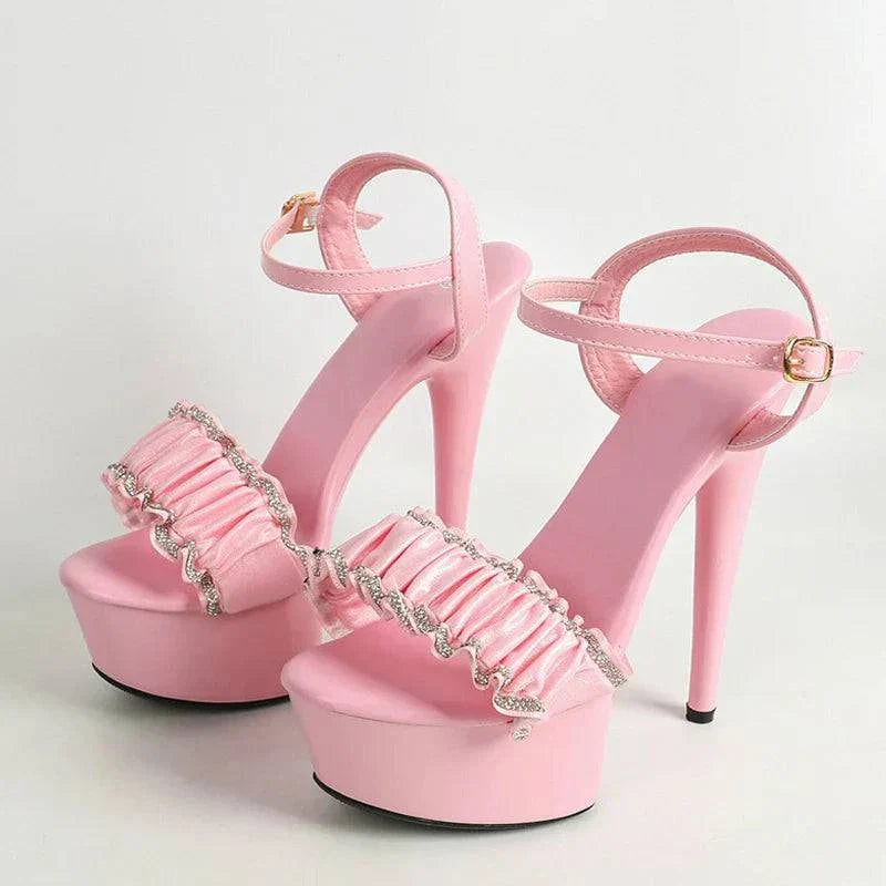 VougeVamp Women’s Crystal Pleated Platform Sandals – Elegant Open-Toe High Heels for Weddings and Parties