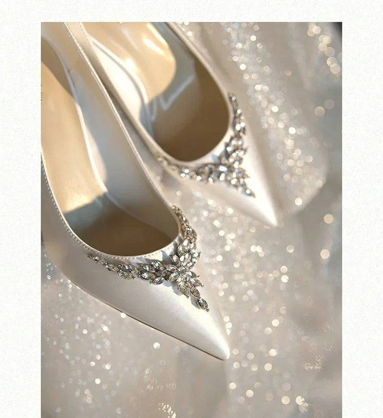 VougeVamp White Silk Satin Bridal Heels – Rhinestone Crystal Stiletto Pumps for Weddings