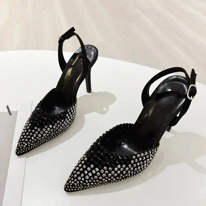 VougeVamp Black Crystal Rhinestone Slingback Pumps - Pointed Toe High Heel Party Shoes for Women