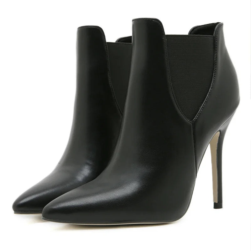 Handmade Punk-Inspired Pointed Toe Women’s Ankle Boots with Elastic Band and Stiletto High Heels