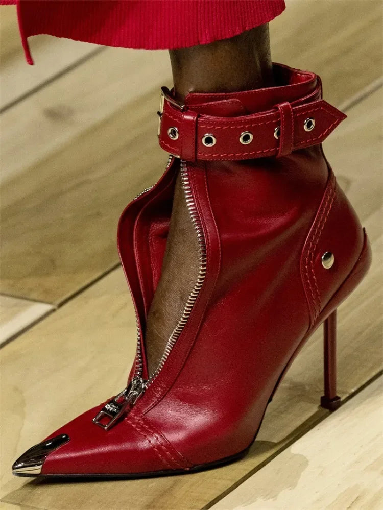 Handmade Women's Red High-Heeled Ankle Boots with Belt Buckle, Front Zipper, Pointed Toe, and Metallic Accent - VougeVampUK