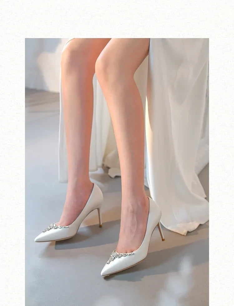 VougeVamp White Silk Satin Bridal Heels – Rhinestone Crystal Stiletto Pumps for Weddings