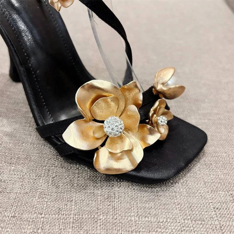 VougeVamp Gold Metal Flower Gladiator Sandals - Square Toe High Heel Party Shoes for Women
