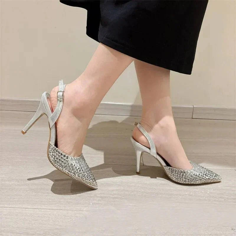 VougeVamp Black Crystal Rhinestone Slingback Pumps - Pointed Toe High Heel Party Shoes for Women