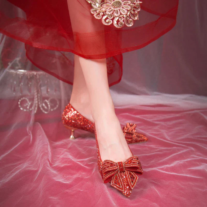 VougeVamp Handmade Crystal Bow Bridal Pumps – Glitter High Heels for Weddings & Parties
