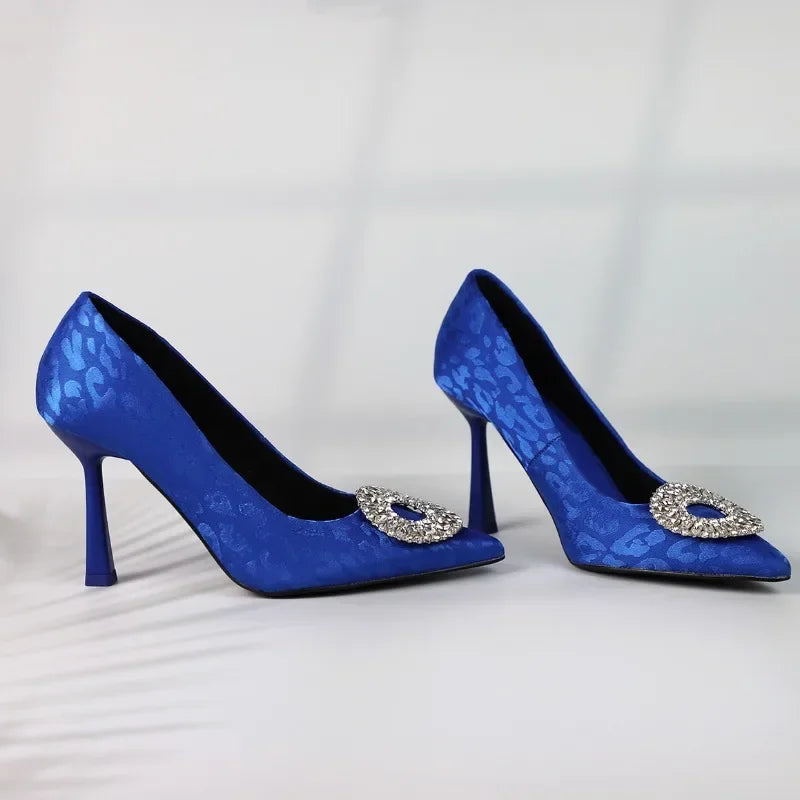 Elegant Satin Pointed Toe Heels with Diamond Circle Detail - High-Quality Bridal & Evening Pumps