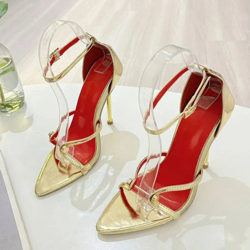 VougeVamp Gold Silver Ankle Cover Strap Sandals - Pointed Open Toe High Heel Party Shoes for Women