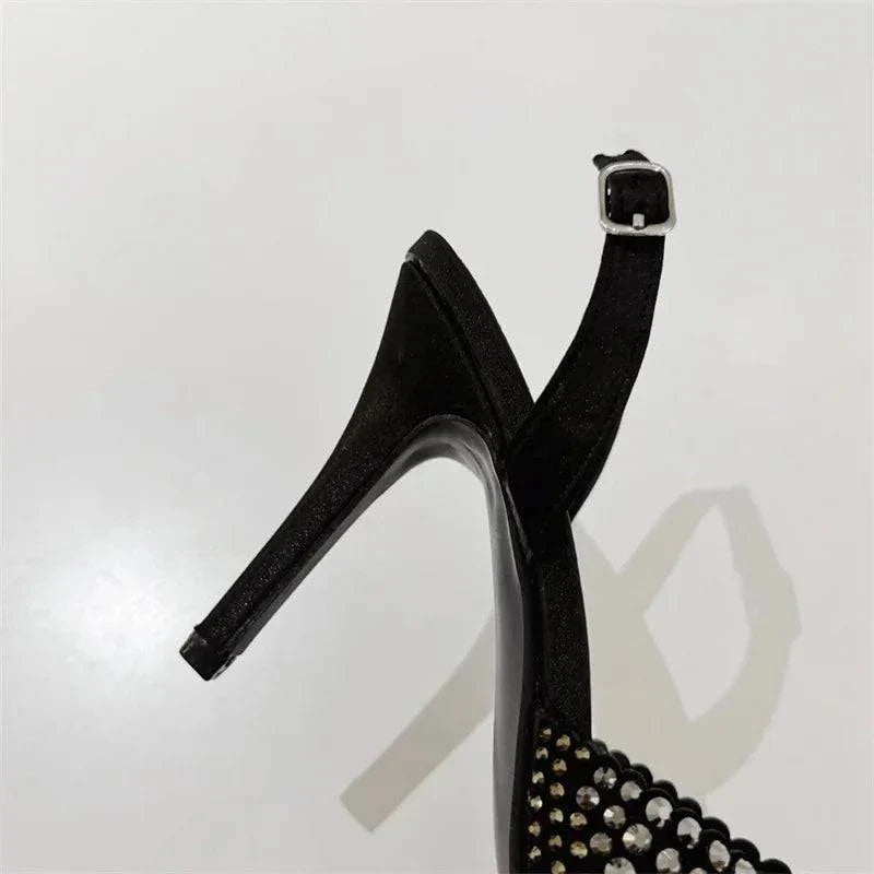 VougeVamp Black Crystal Rhinestone Slingback Pumps - Pointed Toe High Heel Party Shoes for Women