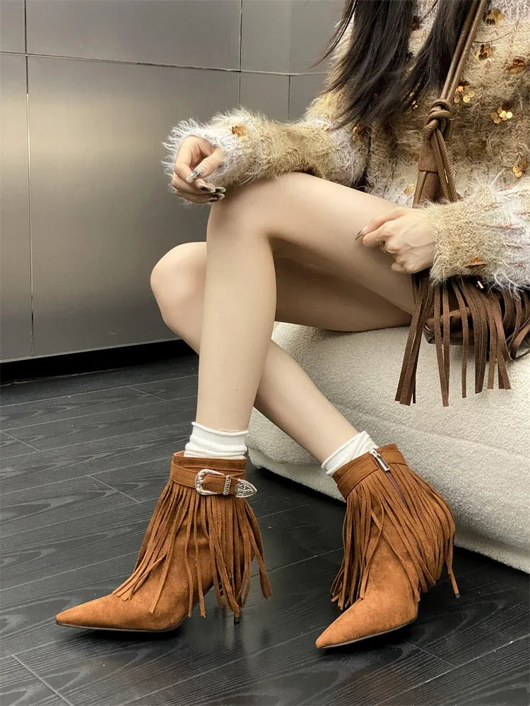 Tassel Belt Buckle Women’s Ankle Boots with Pointed Toe and Thin Heels, Fashionable Zipper Design - VougeVampUK