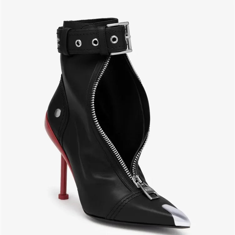 Handmade Women's Red High-Heeled Ankle Boots with Belt Buckle, Front Zipper, Pointed Toe, and Metallic Accent - VougeVampUK