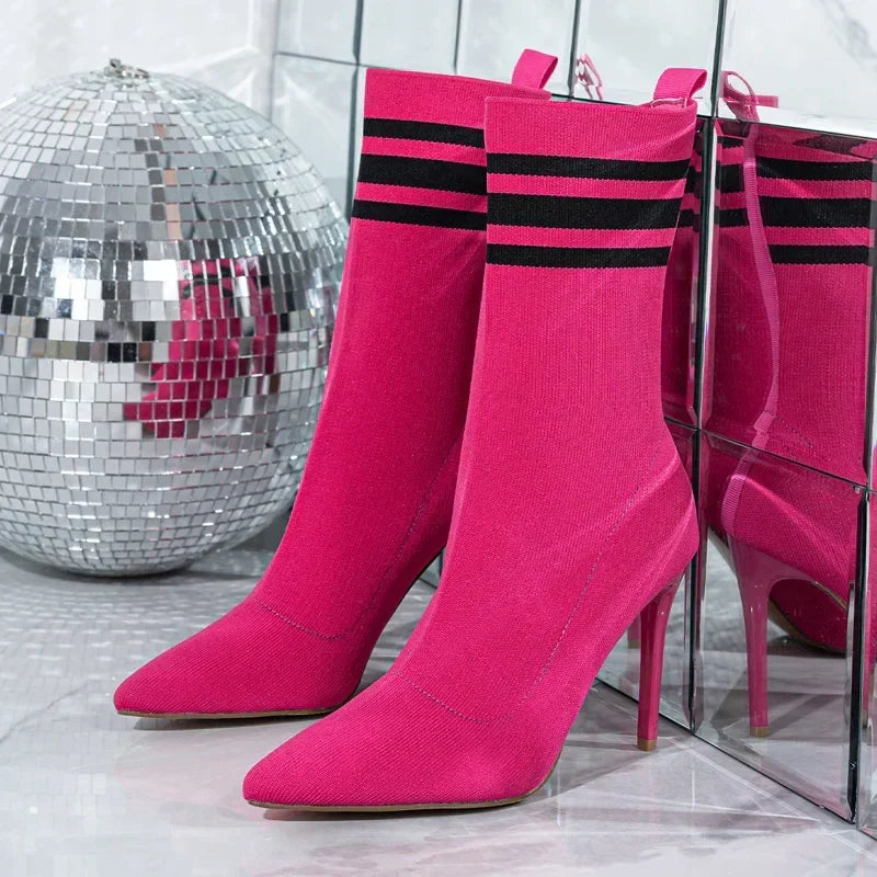 Handmade Street Style Pointed Toe Women’s Ankle Boots, Stretch Fabric Socks, Sexy Thin High Heels for Party & Prom - VougeVampUK