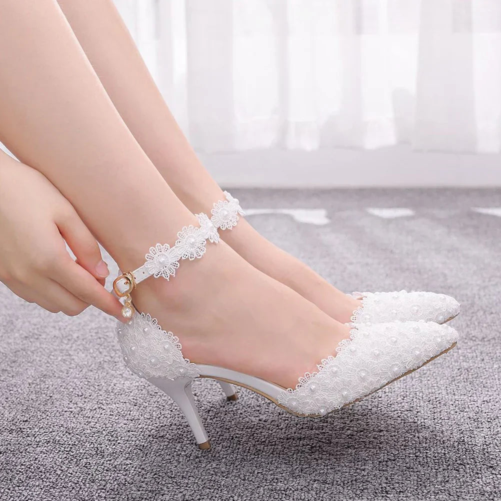 VougeVamp White Stiletto Bridal Heels – Pointed Toe Ankle Strap Wedding Sandals