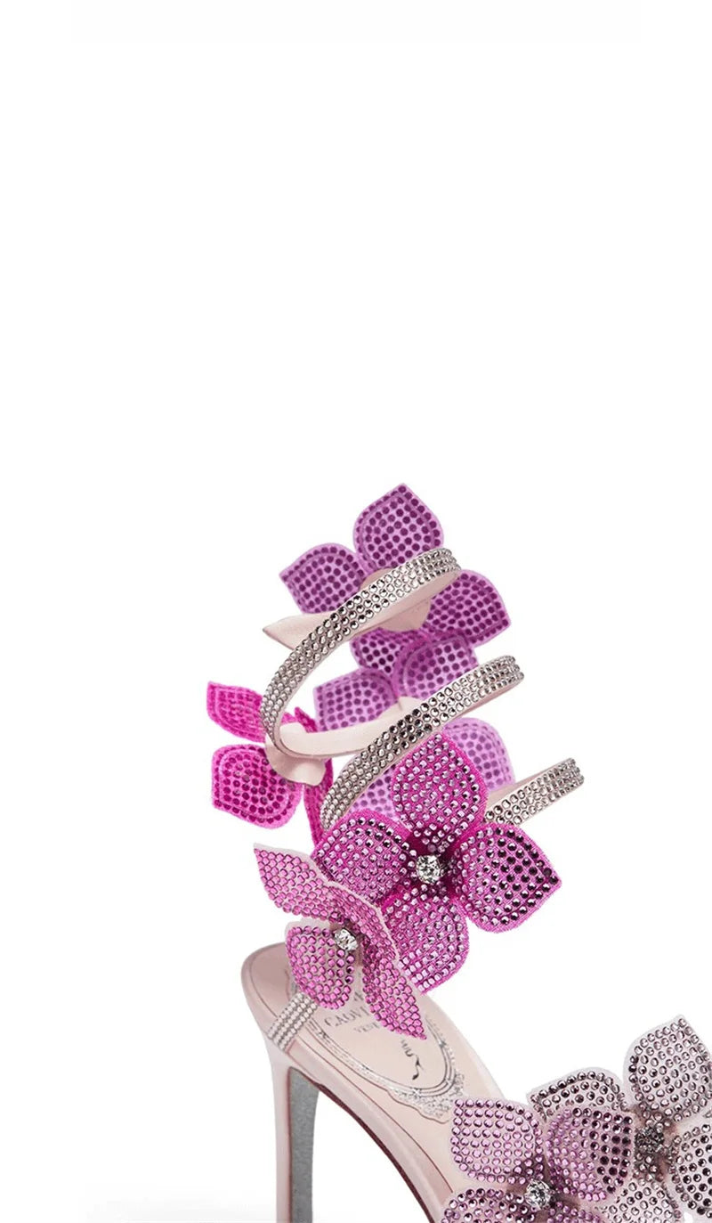 VougeVamp Crystal Flower Ankle Strap Sandals – Elegant Open-Toe Stiletto High Heels for Parties & Banquets