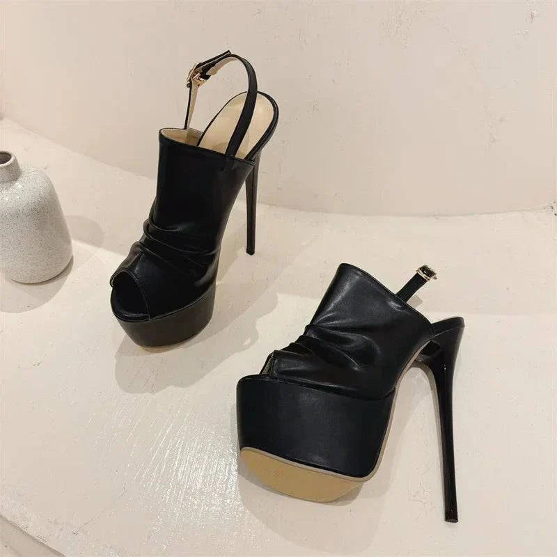 VougeVamp Black Pleated Platform Sandals - Peep Toe High Heel Party Shoes for Women