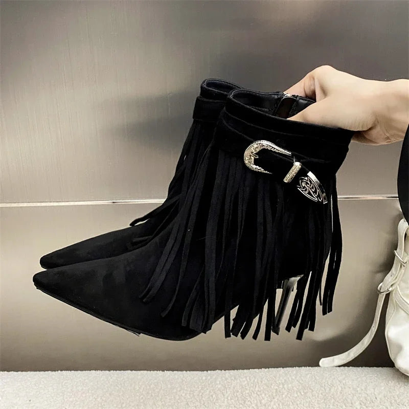 Tassel Belt Buckle Women’s Ankle Boots with Pointed Toe and Thin Heels, Fashionable Zipper Design - VougeVampUK