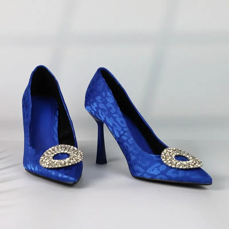 Elegant Satin Pointed Toe Heels with Diamond Circle Detail - High-Quality Bridal & Evening Pumps