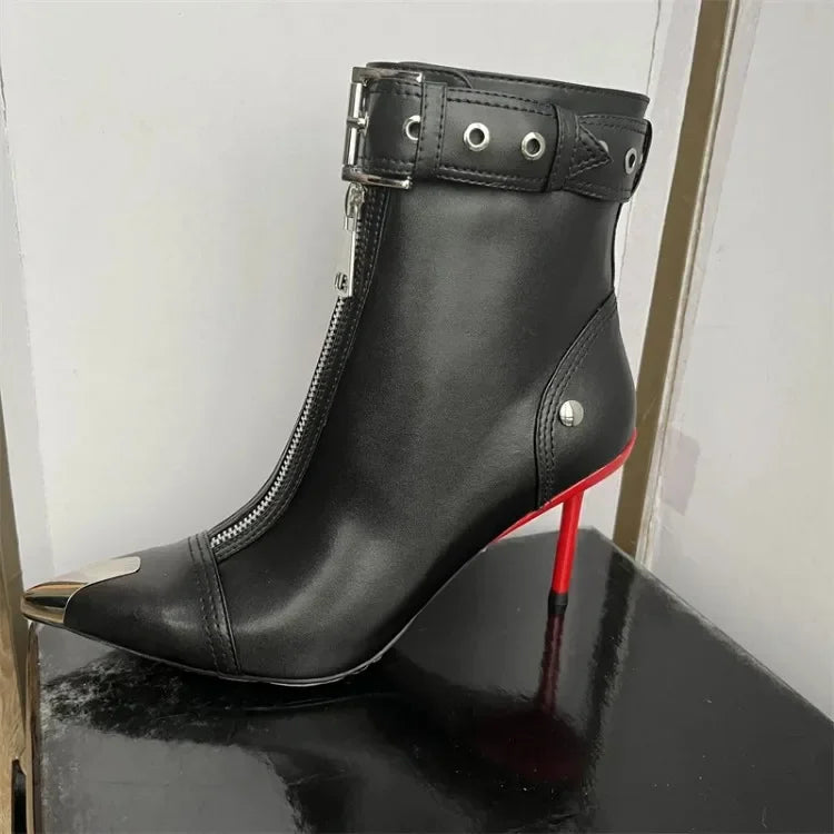 Handmade Women's Red High-Heeled Ankle Boots with Belt Buckle, Front Zipper, Pointed Toe, and Metallic Accent - VougeVampUK