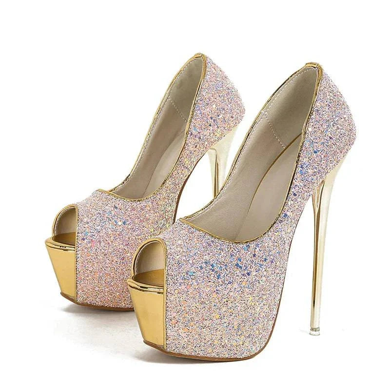 VougeVamp Women’s Sequined Peep-Toe Platform Pumps – Extreme High Heels for Parties, Nightclubs, and Weddings