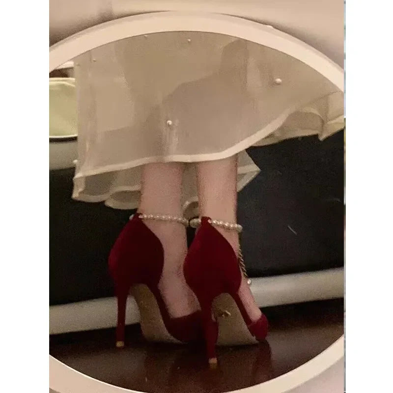 VougeVamp Pointed Toe High Heel Bridal Shoes – Elegant Metal Buckle Strap Stilettos for Weddings & Special Occasions