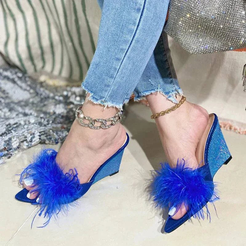 VougeVamp Blue Fluffy Feather Wedge Slippers - Pointed Toe High Heel Summer Sandals for Women