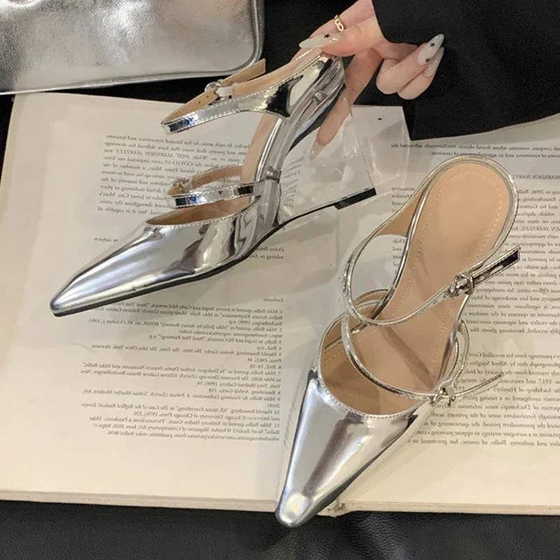 VougeVamp Women’s Transparent Wedge Slippers – Patent Leather Pointed Toe Mules with Buckle Strap for Parties and Summer Events