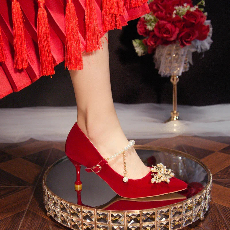 Women's Suede Pointed Toe High Heels – Elegant Embroidered Bridal & Banquet Pumps with Metal Detail