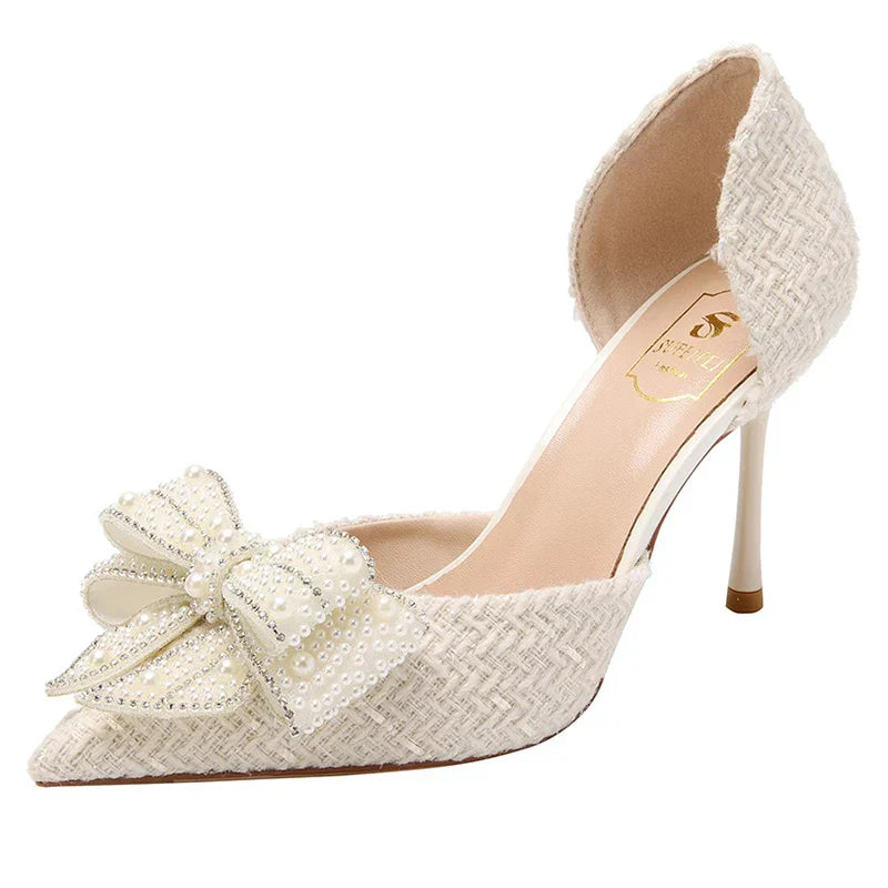 VougeVamp Women's Pearl Crystal Bow High Heels – Elegant White Wedding Pumps for Brides & Parties