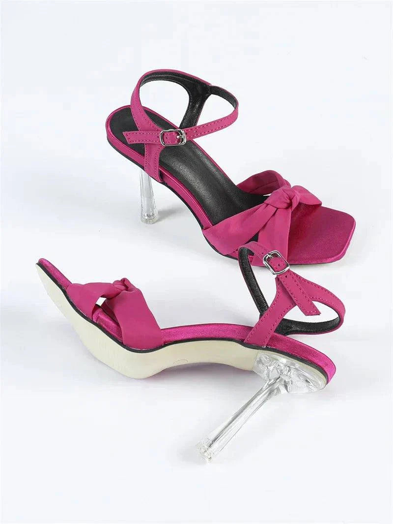 VougeVamp Pleated Silk Transparent Sandals - Square Toe High Heel Ankle Strap Shoes for Women